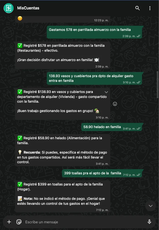 Demo de gastos compartidos en WhatsApp