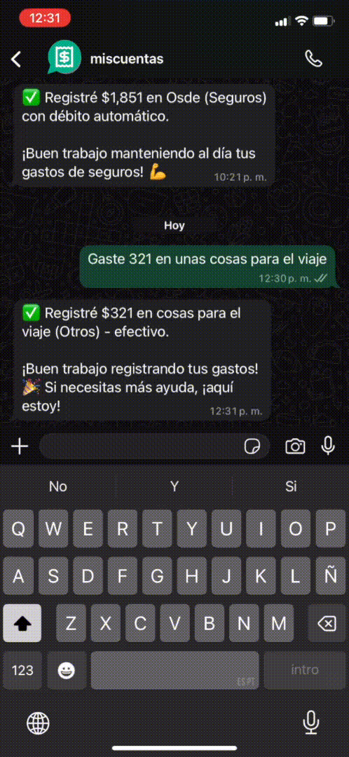 Demo de conversación WhatsApp con MisCuentas Bot